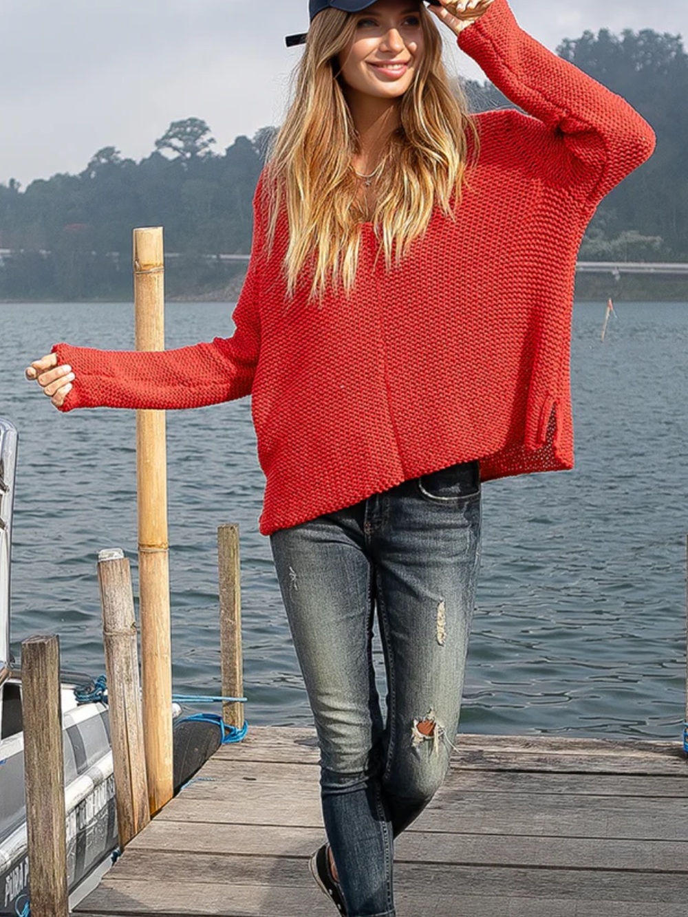 New Wooden Ships Red Open Knit Sweater - Picture 5 of 6